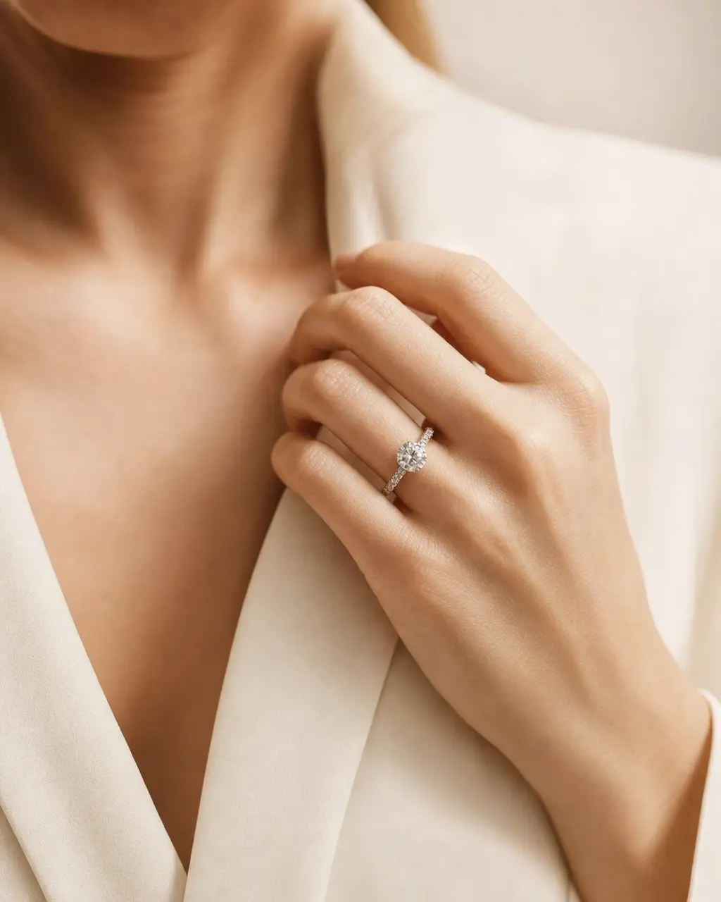 A hand wearing a brilliant-cut diamond solitaire ring